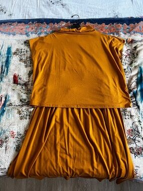 Eileen Fisher Mustard Short Sleeve Top Cowl Neck & Skirt Set